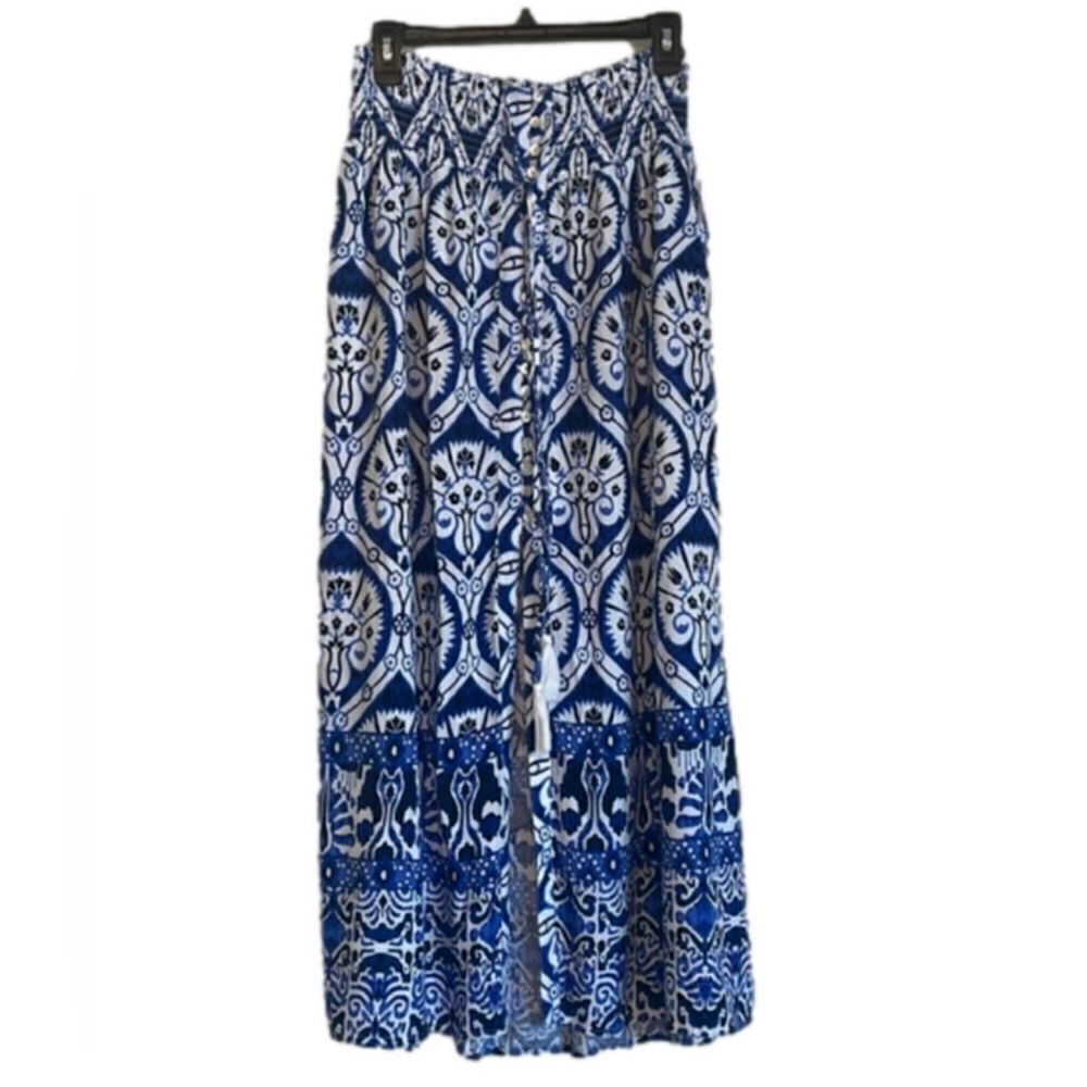 HAUTE HIPPIE Blue Black White‎ Tassel Button Front Maxi Skirt - Size Large
